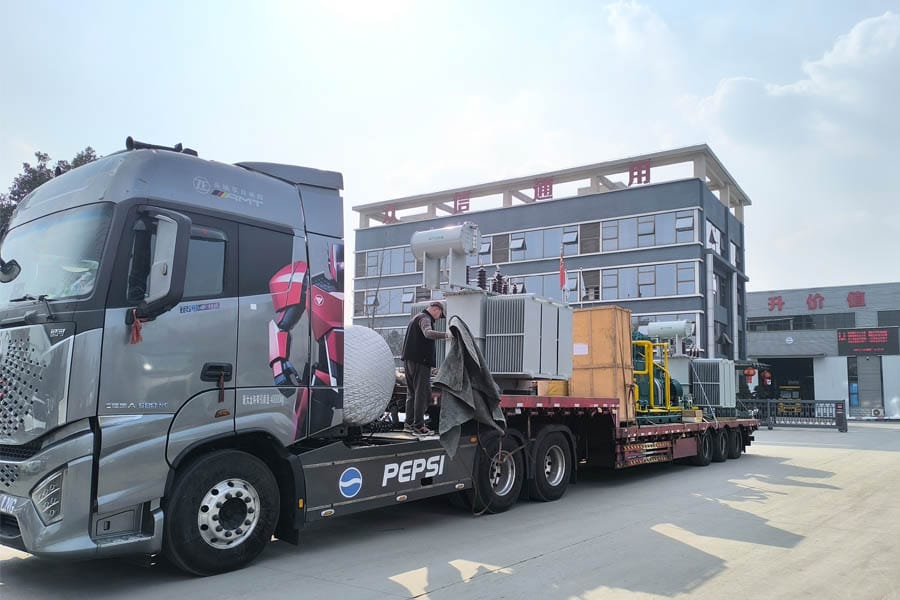 Two 5000kVA oil-immersed transformers and customer gas turbine dispatched together to Xinjiang project site — Zhongxin General