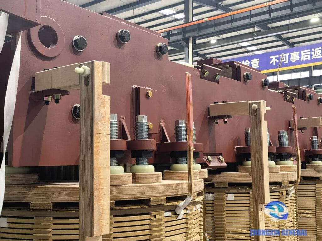 High-voltage transformer core lamination and insulation detail during assembly of 63000kVA unit for natural gas industry application