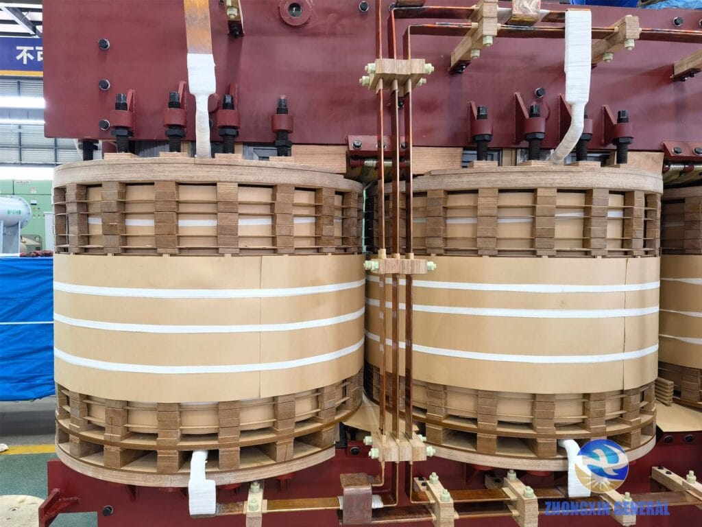 Close-up view of transformer core and copper winding assembly for 110kV 63000kVA oil-immersed power transformer by Zhongxin General