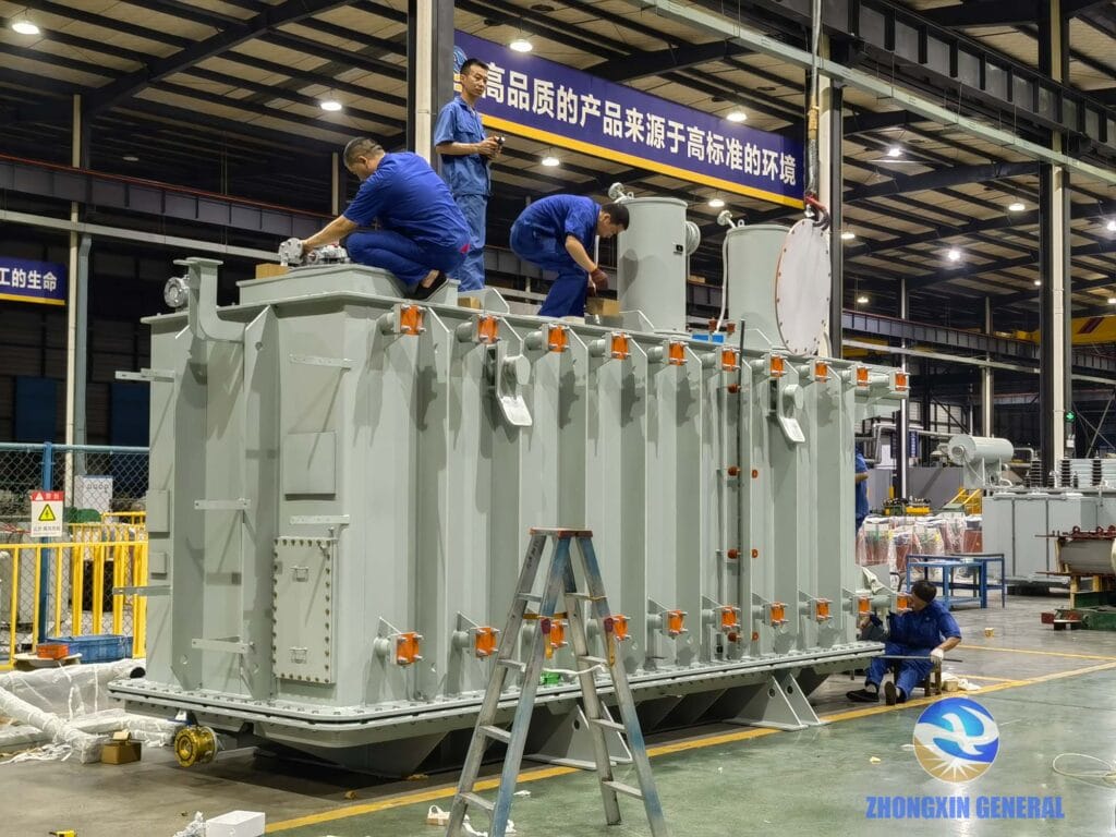Core-coil assembly lowered into oil tank with subsequent connection and assembly work at Zhongxin General transformer manufacturing facility