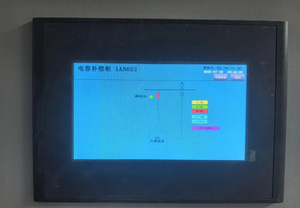 Digital display screen of power factor compensation cabinet showing real-time power quality parameters