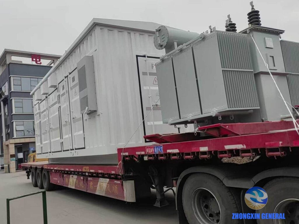 Prefabricated containerized substation secured on delivery truck