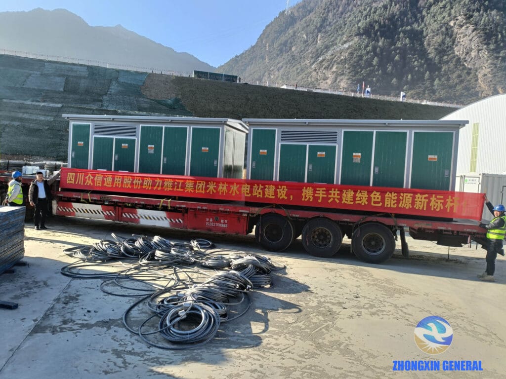Delivery truck with banner at Yajiang Group Milin Hydropower Station construction site