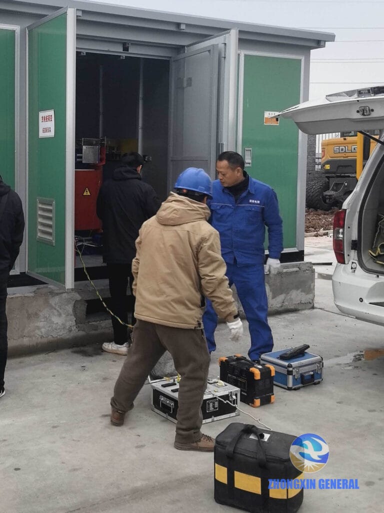 State Grid engineers conducting acceptance testing on 10kV box-type substation in Neijiang