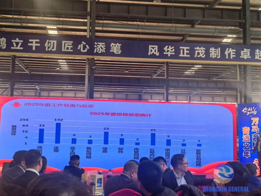 Vice General Manager Xia Fawan presenting 2025 annual work review and strategic reflection at company gala