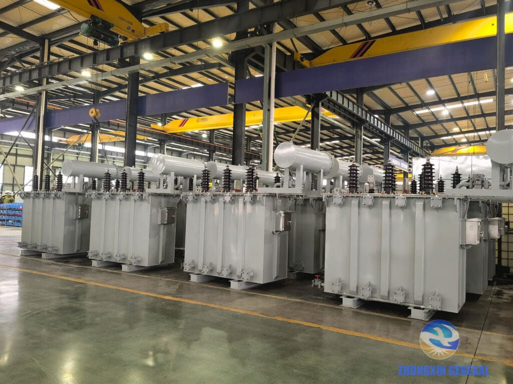 Completed S11-6300 kVA oil-immersed transformers staged in workshop before dispatch to Xinjiang