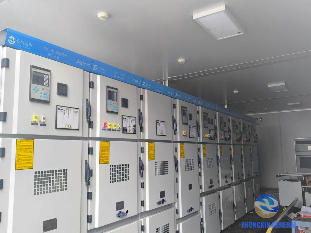 Row of 14 KYN28-12 air-insulated metal-clad withdrawable switchgear inside prefabricated substation — Kazakhstan Aktau port, Zhongxin General