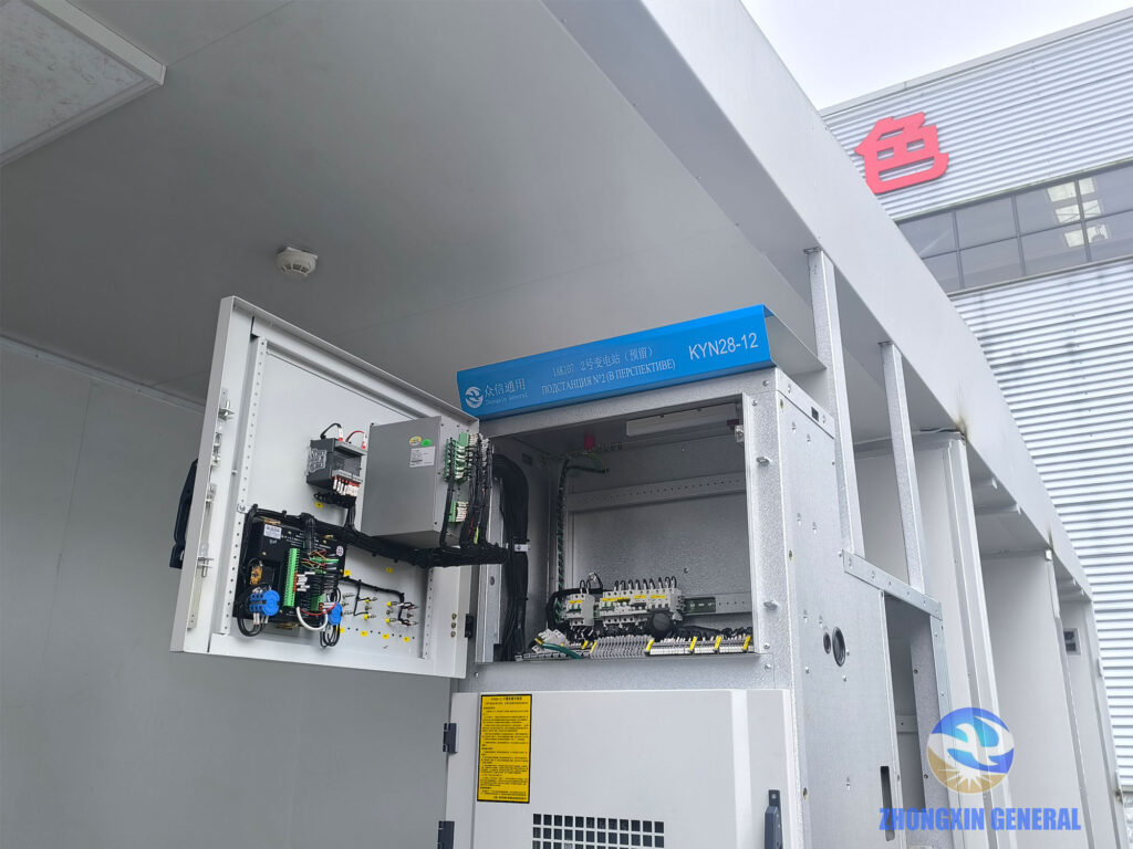 KYN28-12 medium voltage switchgear rear panel wiring inside prefabricated substation — Aktau port Kazakhstan project, Zhongxin General