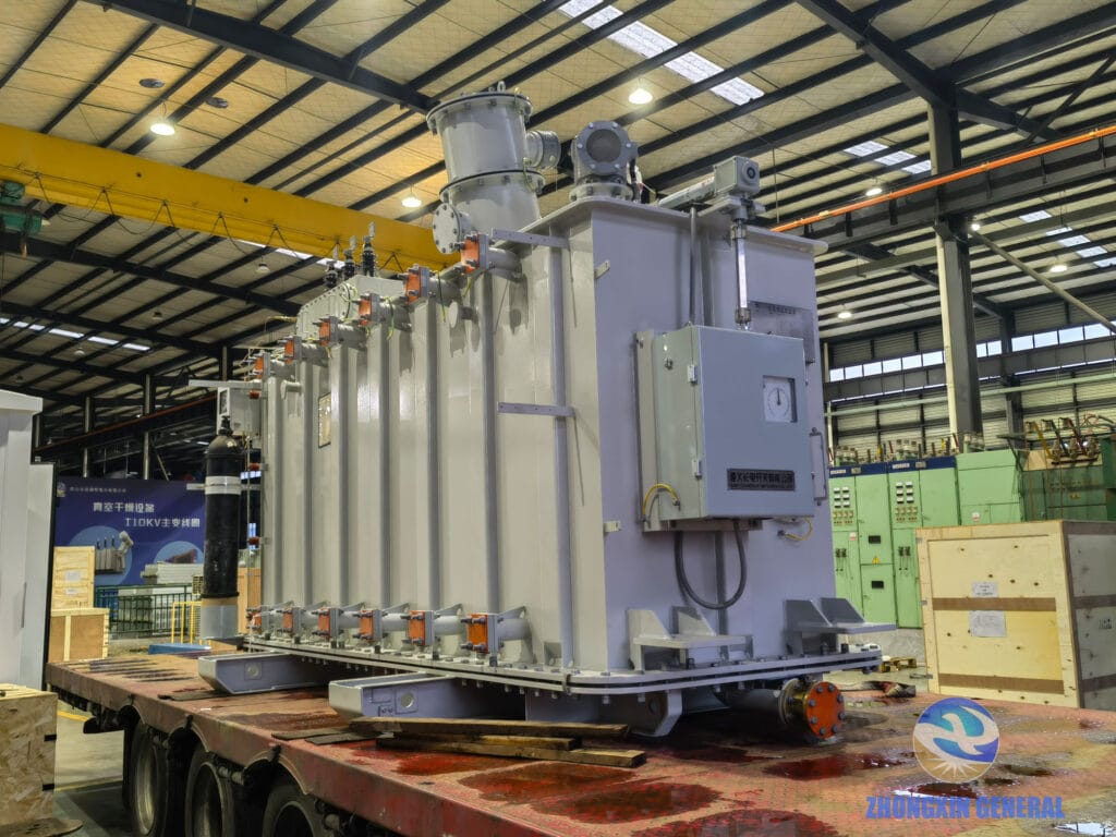 SZ13-8000/120 OLTC transformer crane loaded onto heavy transport truck in workshop — Zhongxin General factory dispatch
