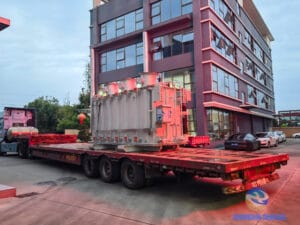 Heavy transport truck carrying SZ13-8000/120 OLTC transformer leaving Zhongxin General factory 7PM, 16th, September 2025