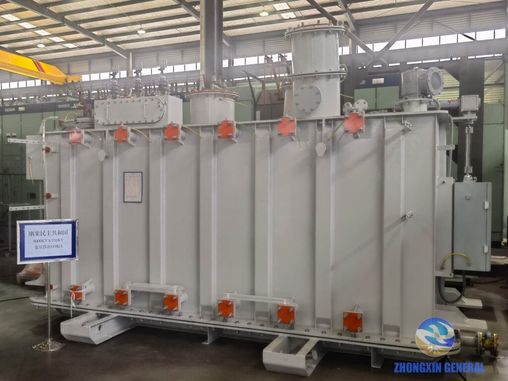 SZ13-8000/120 OLTC transformer with high-voltage bushings removed ready for export transport, in the picture shows 110kV, as it belongs to the 110kV high votlage class in China. 