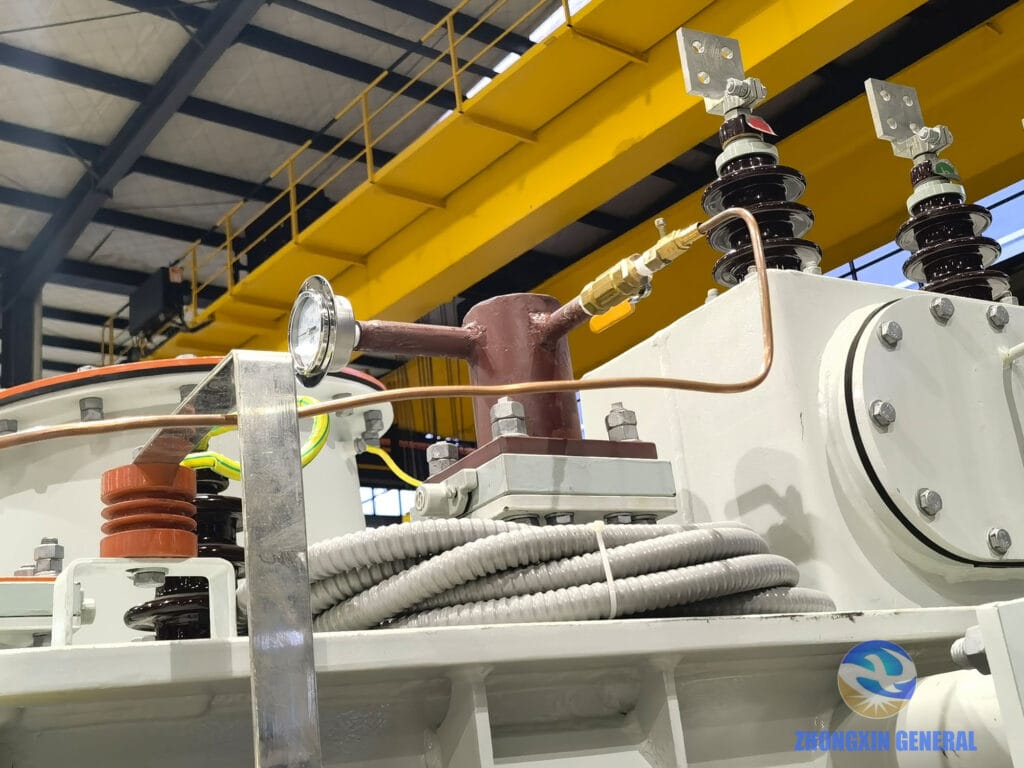 Nitrogen connection interface on SZ13-8000/120 transformer tank — export transport preparation