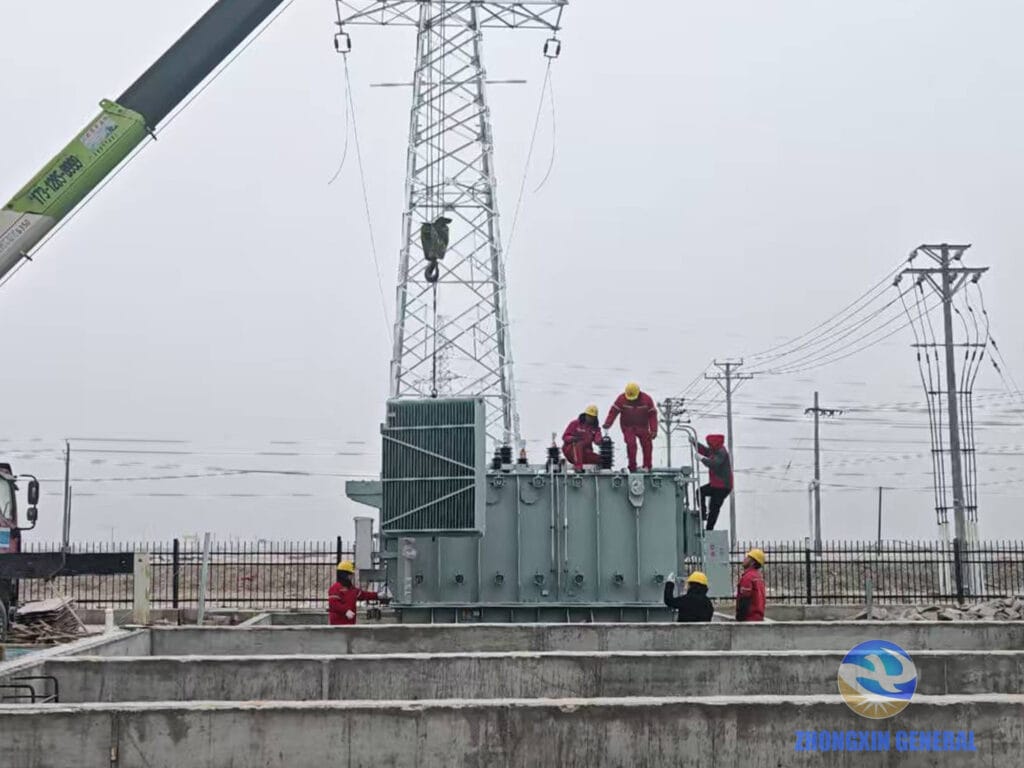 SZ20-31500/35 OLTC transformer on-site radiator assembly using crane — Jing Teng Energy project team Alar City Xinjiang