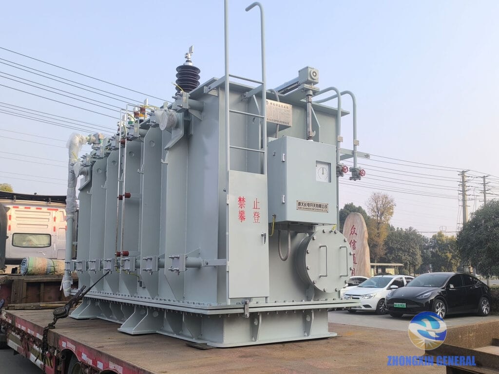 SZ20-31500/35 OLTC transformer secured on heavy transport truck rear view — ZHONGXIN GENERAL January 2026