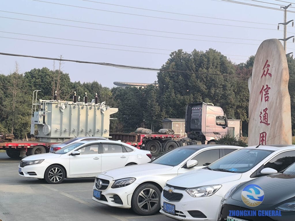Heavy transport truck carrying 31500 kVA OLTC transformer leaving ZHONGXIN GENERAL Sichuan factory January 2026