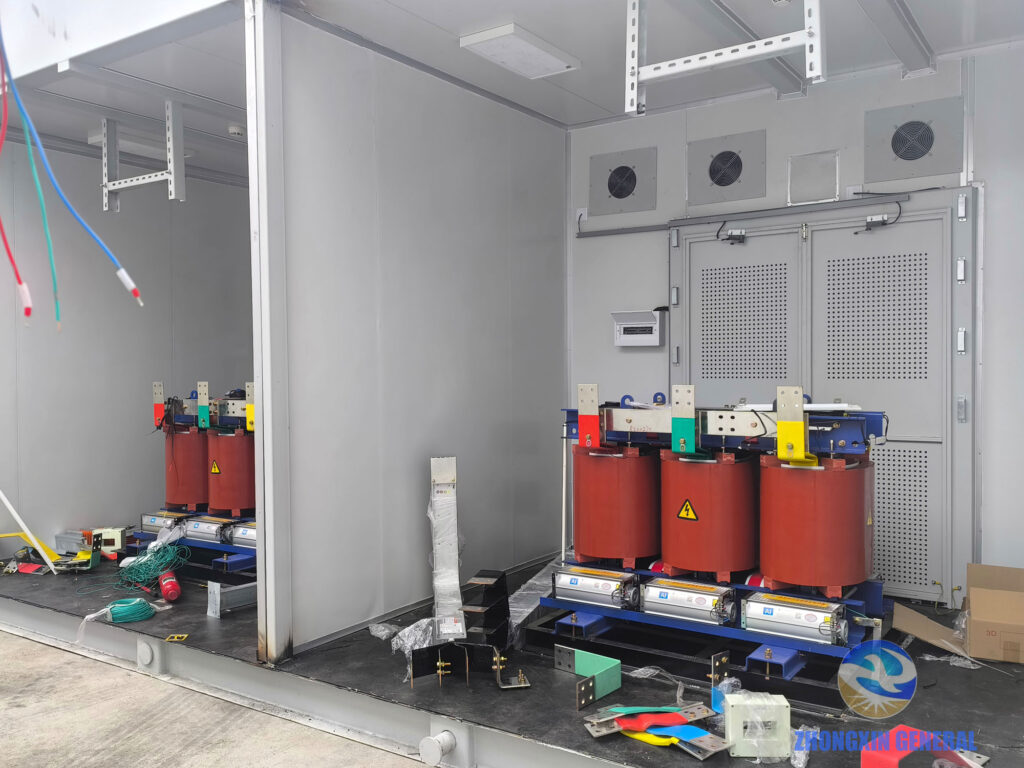 ZHONGXIN GENERAL brand 800 kVA dry-type transformer inside prefabricated substation cabin — own-manufactured, Aktau port Kazakhstan