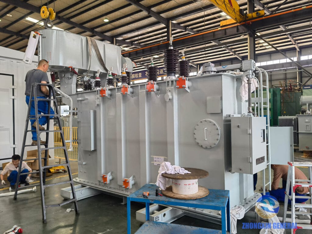 Oil conservator installation in progress — 16,000 kVA 35kV OLTC oil-immersed power transformer, Zhongxin General