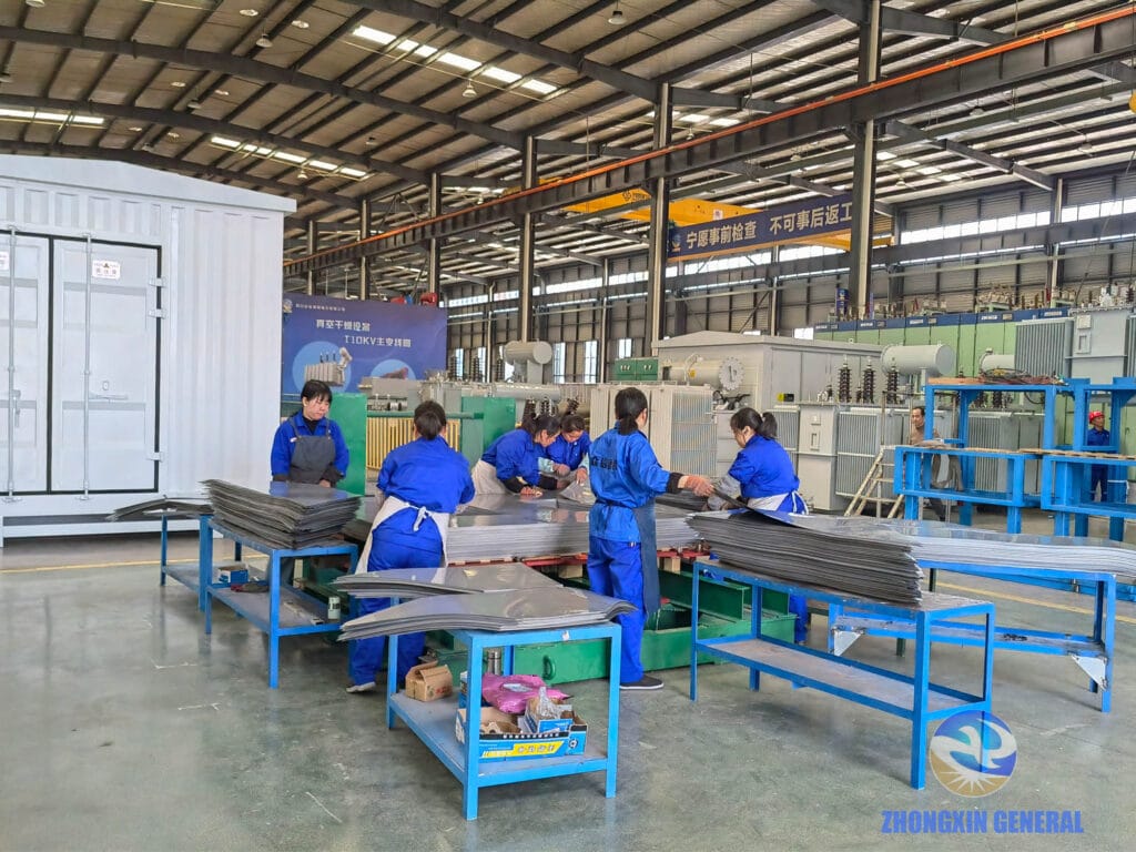 Workers stacking silicon steel core laminations for 16,000 kVA 35kV OLTC oil-immersed transformer — Zhongxin General factory