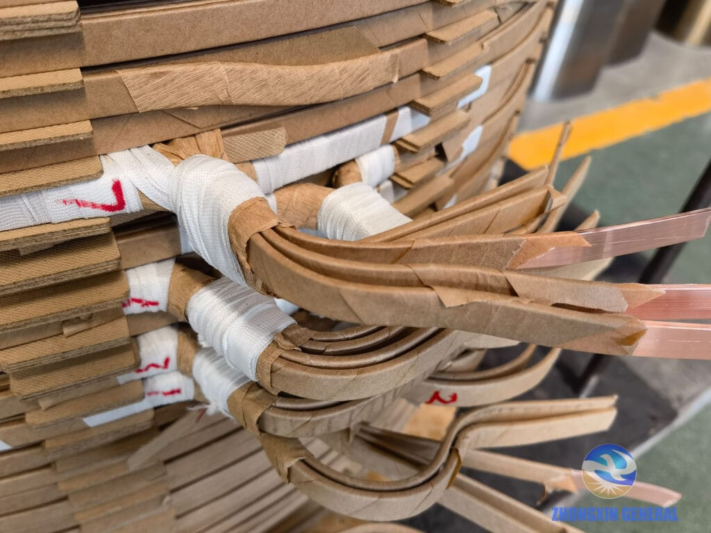 Close-up of tap lead connections on winding assembly — 16,000 kVA 35kV OLTC transformer manufacturing, Zhongxin General