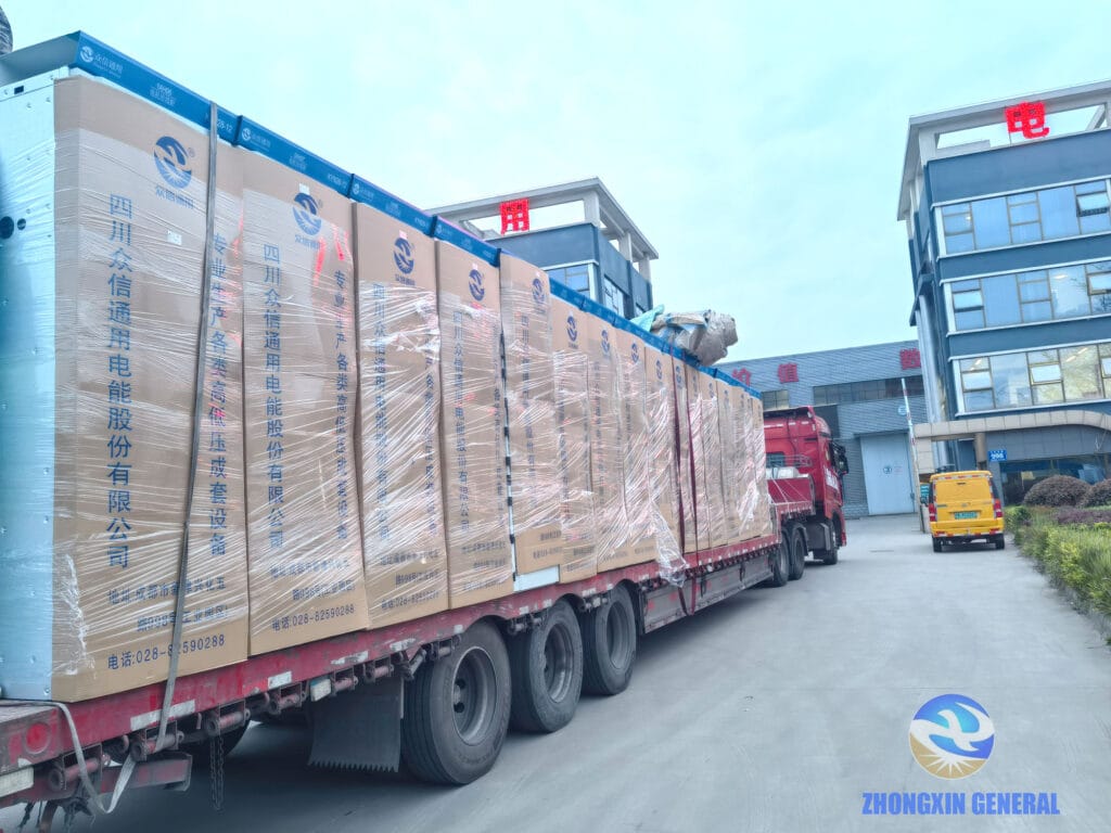 Rear view of truck fully loaded with KYN28-12 HV switchgear panels — Zhongxin General Sichuan Ruibai Yantan Zigong