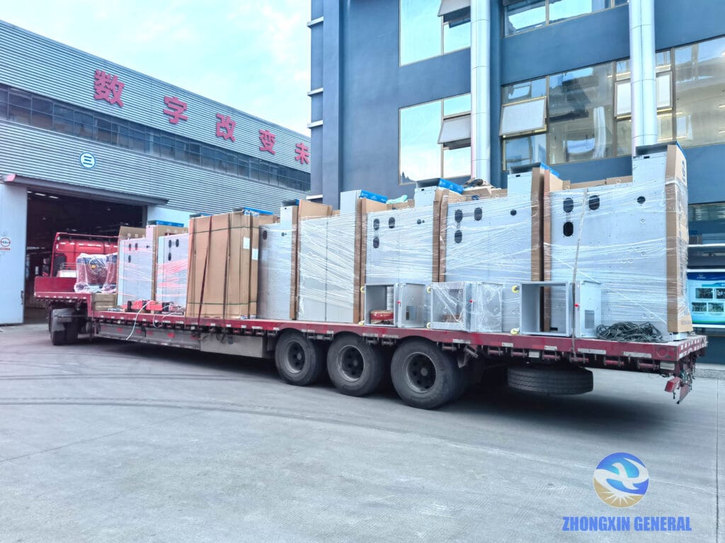 KYN28-12 switchgear loaded on truck reversing to factory yard — Zhongxin General Sichuan Ruibai project Zigong April 1 2026
