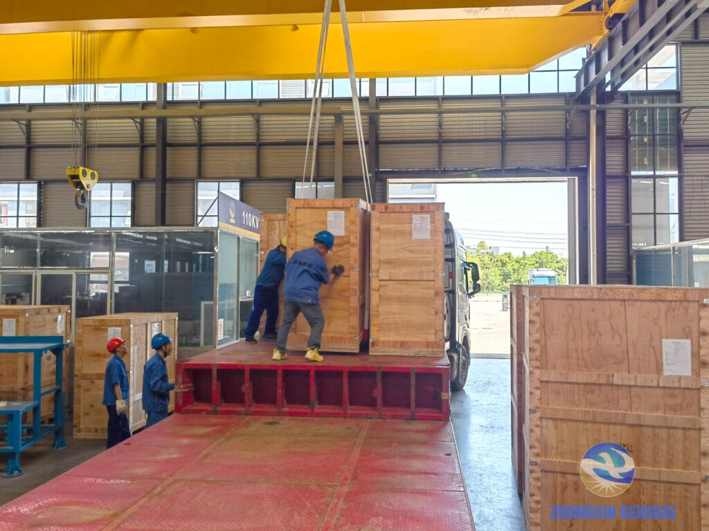 Switchgear panels crane-loaded for Nepal Chino Hydropower Station — Zhongxin General complete switchgear package dispatch April 2026