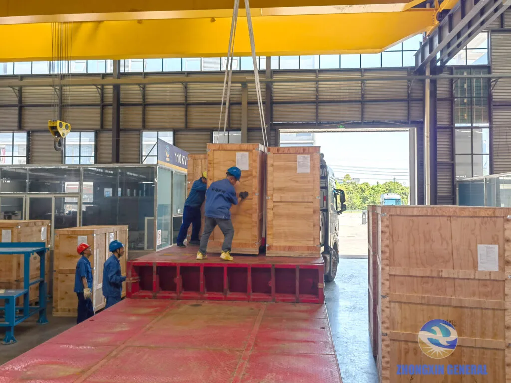 Switchgear panels crane-loaded for Nepal Chino Hydropower Station — Zhongxin General complete switchgear package dispatch April 2026