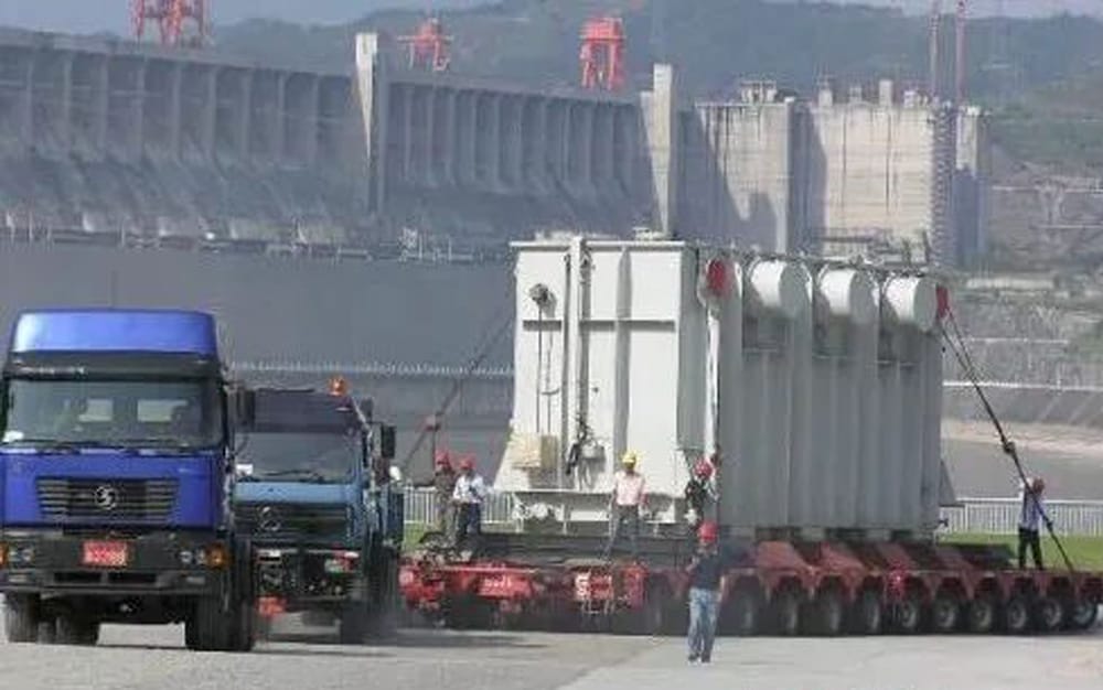 500 kV spare main transformer on heavy transport vehicle arriving at Three Gorges power station site, 2020