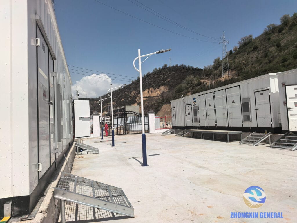 Two rows of prefabricated substation modules at Yichuan LNG smart substation — Zhongxin General Yan'an Shaanxi