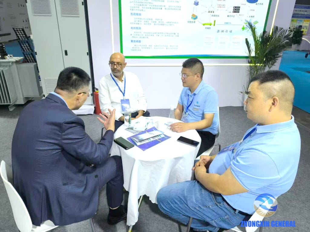 Zhongxin General team hosting Omani energy storage project clients at the joint booth with Boruian New Energy during the 2025 China International Power Industry Expo, Chengdu