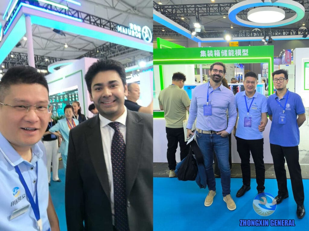 Zhongxin General team exchanging business cards with Mr. Agha Hunain Abbas Khan (胡楠), Acting Consul General of the Consulate General of Pakistan in Chengdu, and posing with representatives from Brazil's State Grid at the 2025 China International Power Industry Expo, Chengdu