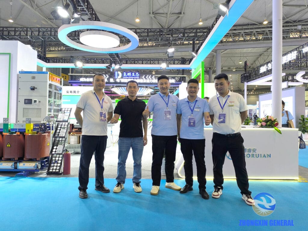 Zhongxin General team posing with sales representatives from WILBA Generator Sets and Sichuan Xindian Cables Co., Ltd. at the 2025 China International Power Industry Expo, Chengdu