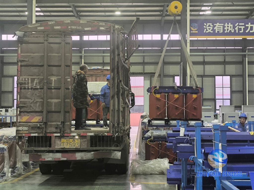 1000 kVA cast resin dry-type transformer being lifted by crane for packaging preparation — Zhongxin General Sichuan factory dispatch