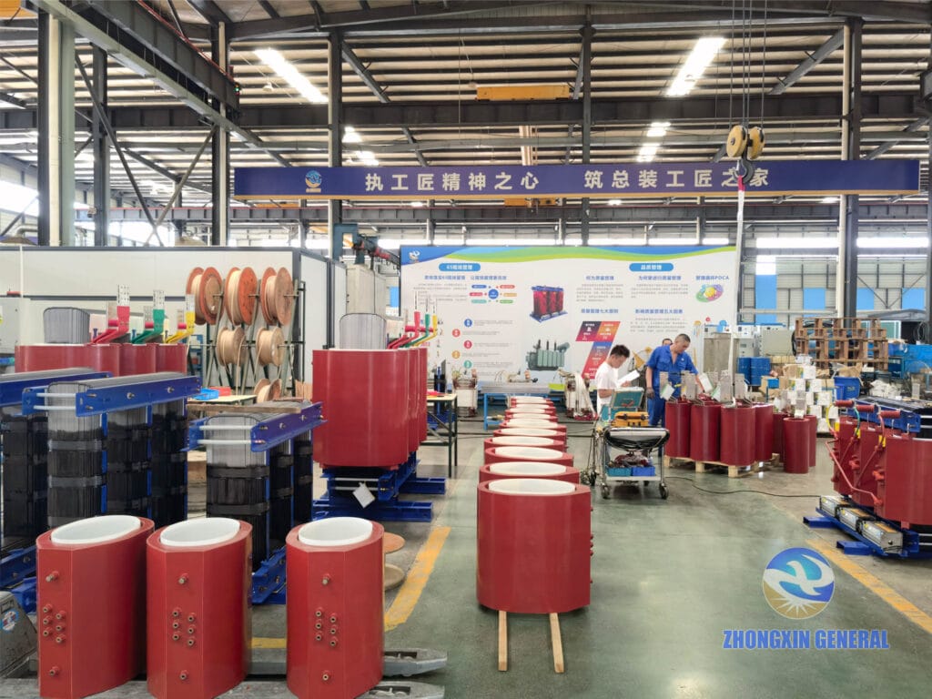 A row of 1000 kVA cast resin dry-type transformers undergoing final assembly at Zhongxin General Sichuan factory