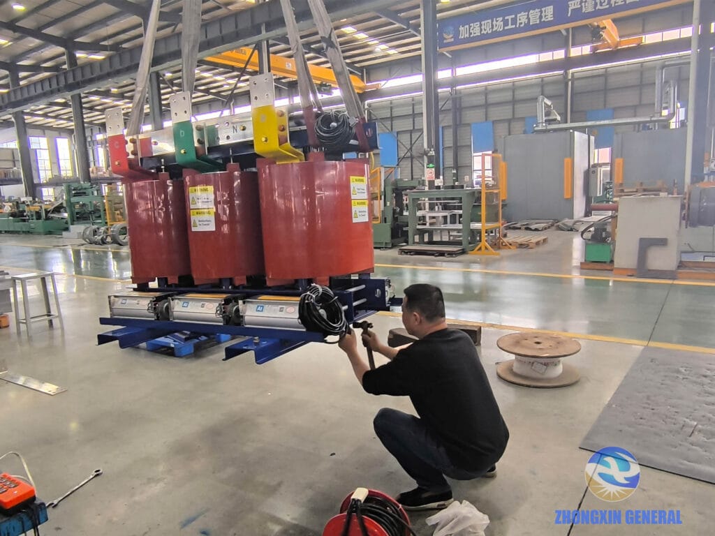 Final quality inspection of 1250 kVA dry-type transformer before export packaging — Zhongxin General dispatch quality control