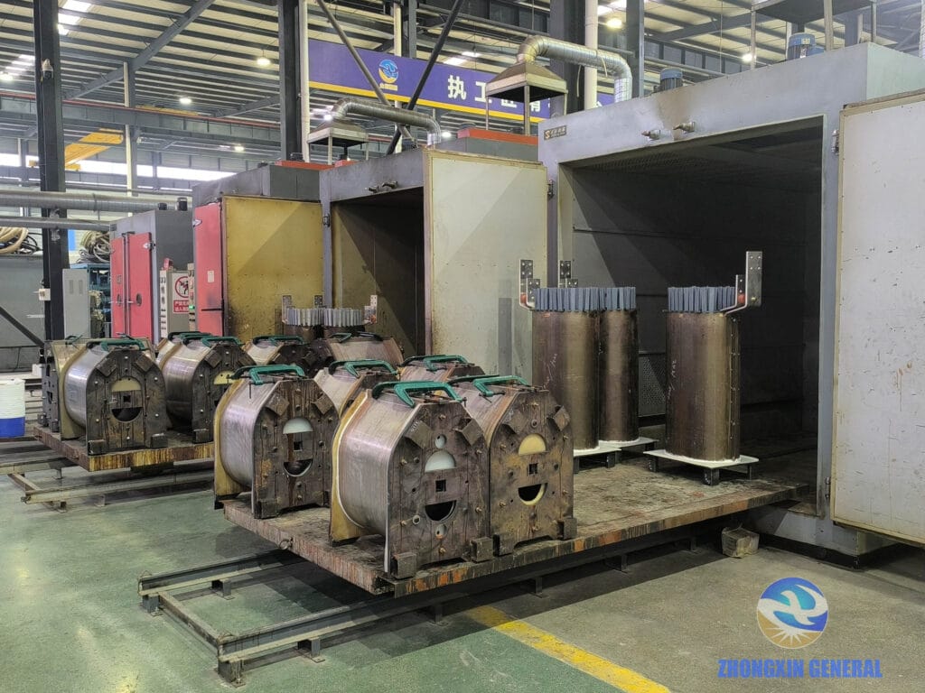 Multiple 1250 kVA dry-type transformer HV and LV windings after epoxy casting entering curing oven — Zhongxin General factory