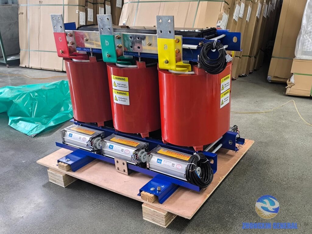 1250 kVA dry-type transformer secured on wooden base pallet awaiting export wooden crate enclosure — Zhongxin General