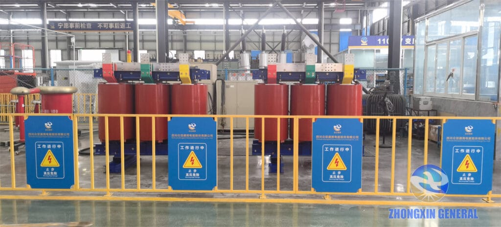 Multiple 1600 kVA cast resin dry-type transformers undergoing factory acceptance testing — routine tests Zhongxin General