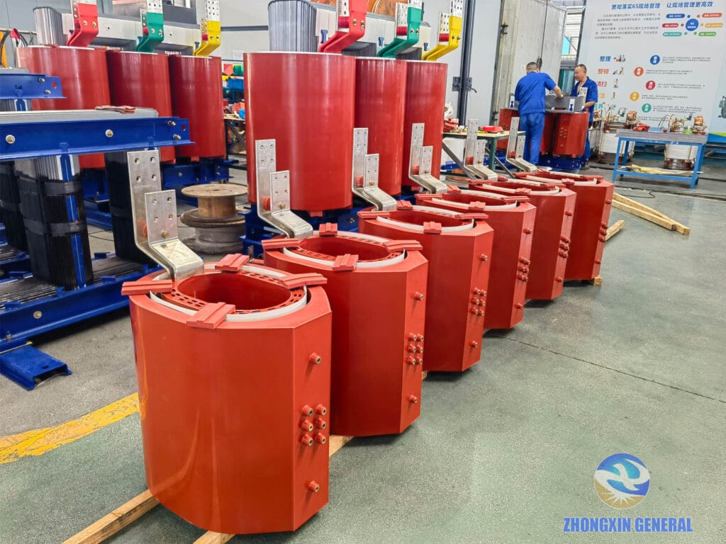 A row of 1600 kVA cast resin dry-type transformers undergoing final assembly at Zhongxin General Sichuan factory