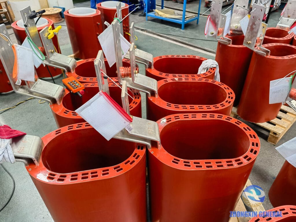 ow-voltage foil winding coils of 1600 kVA dry-type transformer displayed after completion — copper foil and busbar connection Zhongxin General