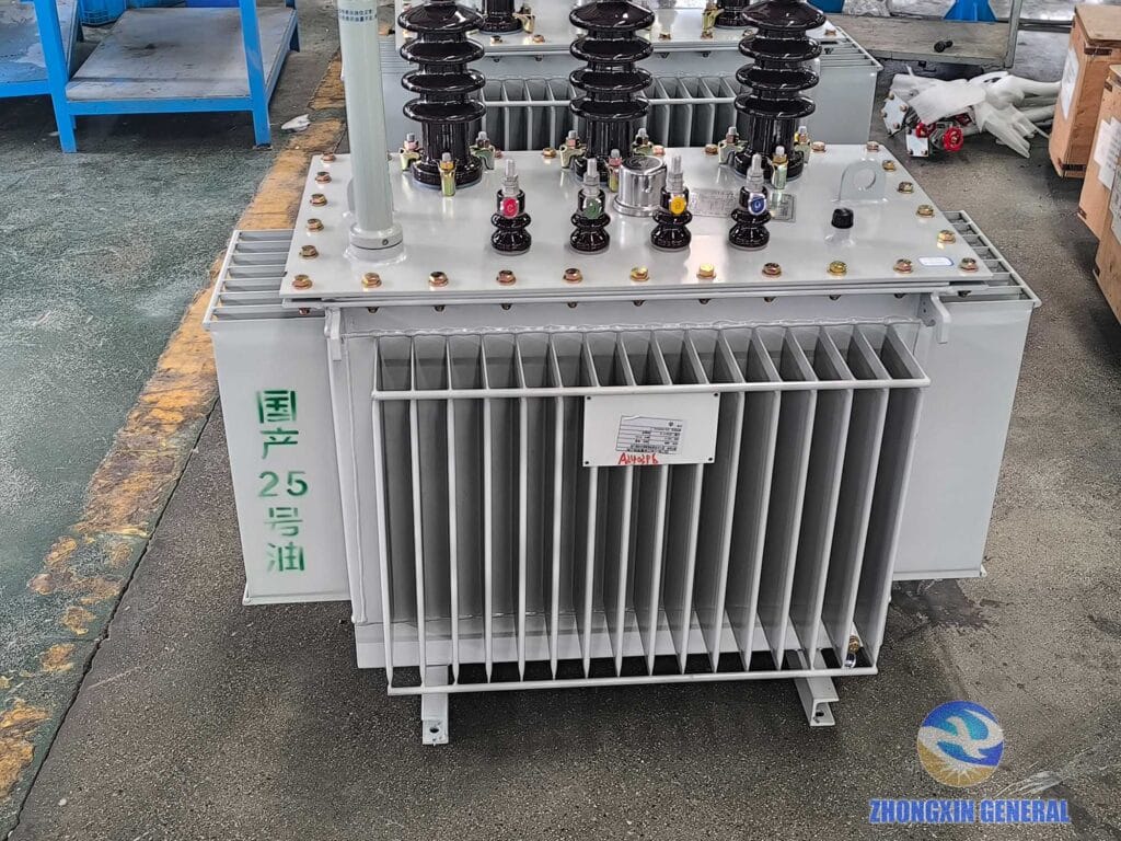 160 kVA oil-immersed distribution transformer complete unit front view — Dyn11 ONAN outdoor 10kV/400V Zhongxin General