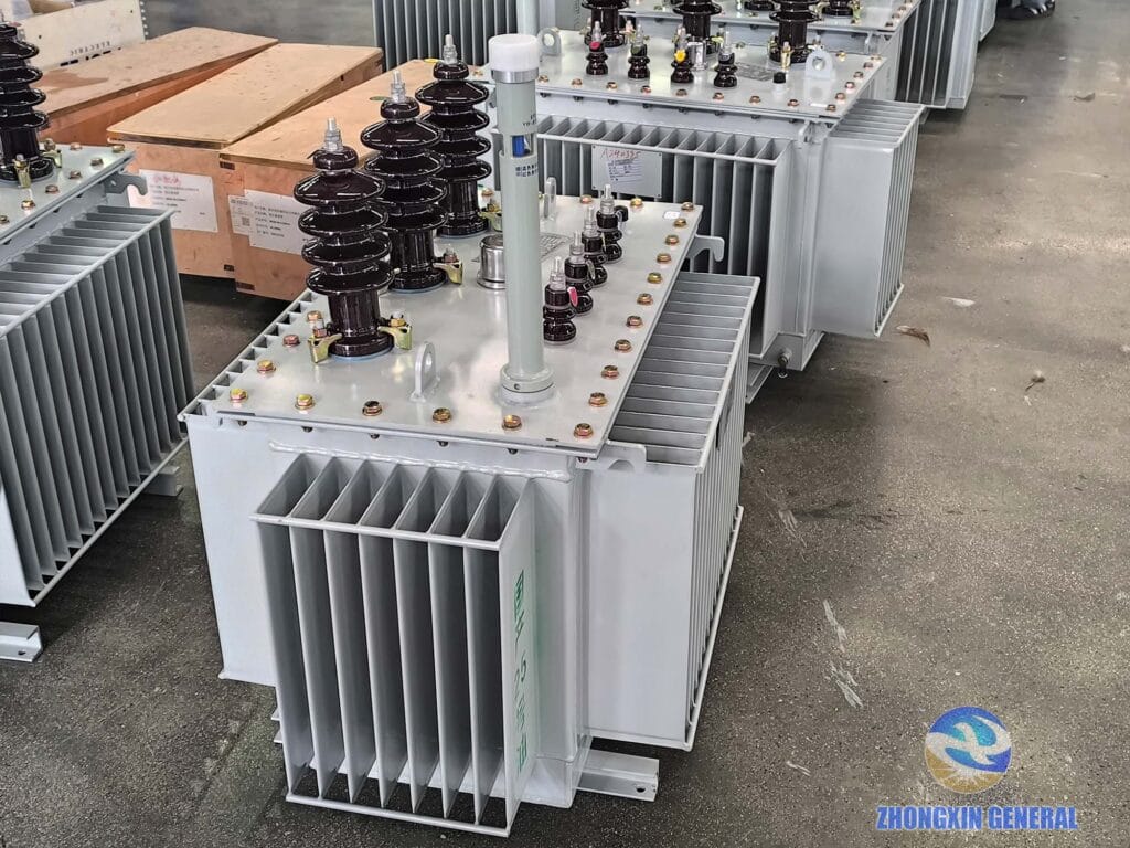 160 kVA oil-immersed distribution transformer complete unit side view — corrugated fin radiator tank Zhongxin General