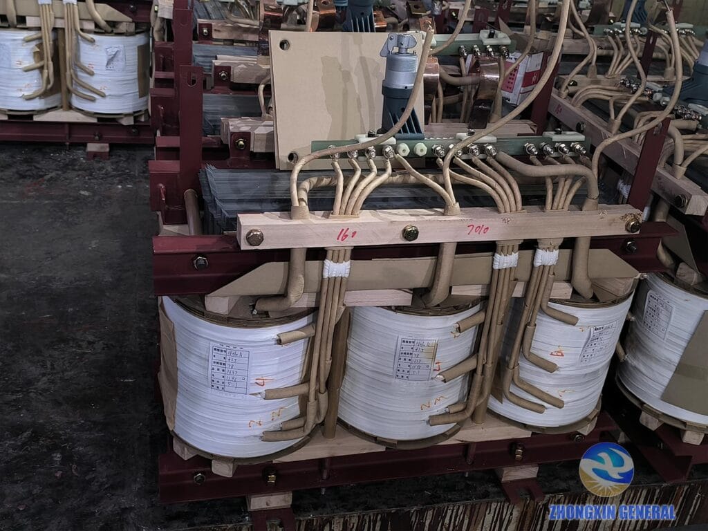 160 kVA oil-immersed transformer initial assembly completed — front view close-up Zhongxin General factory