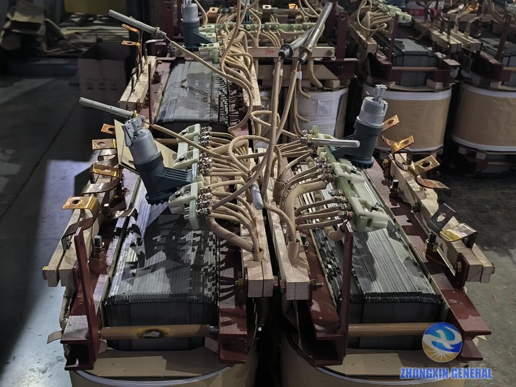 160 kVA oil-immersed transformer initial assembly completed — side view close-up Zhongxin General factory