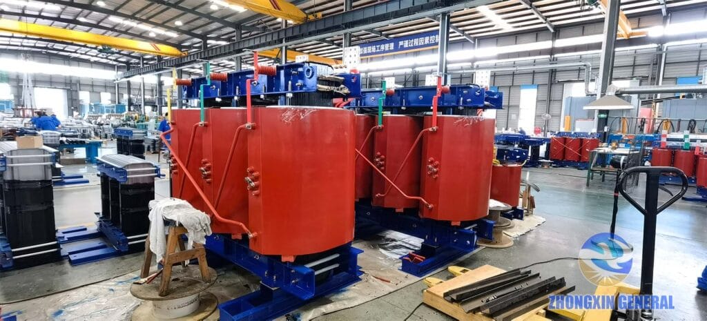 Two 2000 kVA SCB14 cast resin dry-type transformers completed all manufacturing stages awaiting installation into prefabricated substation — Zhongxin General