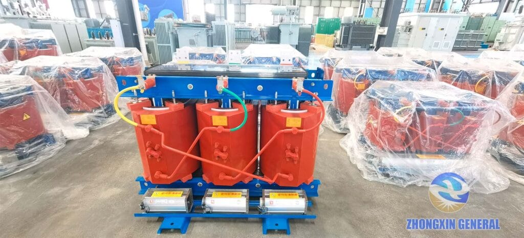 High-voltage terminal end detail of 2000 kVA cast resin dry-type transformer — HV bushing and tap changer close-up Zhongxin General