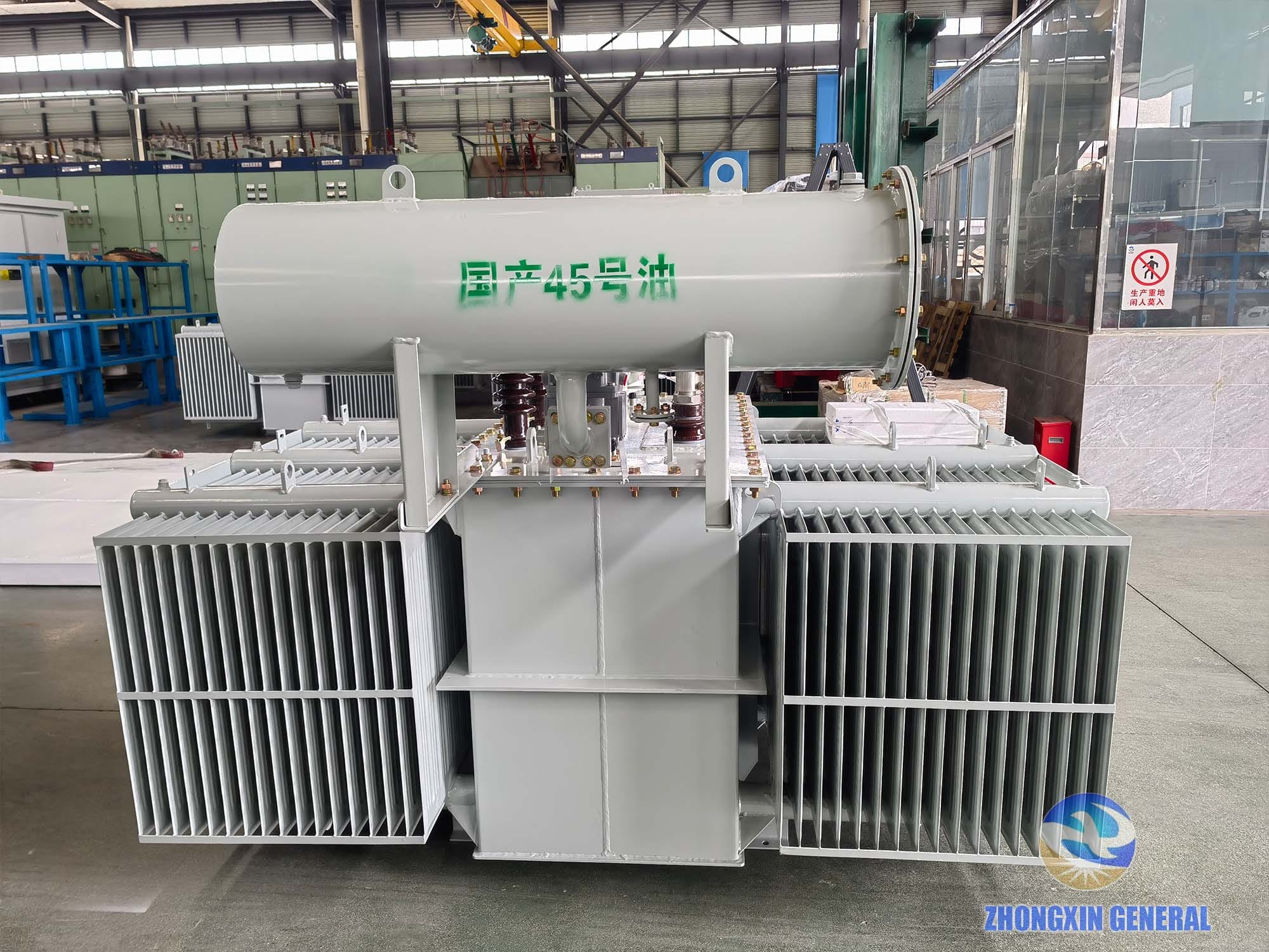 2000 kVA oil-immersed transformer rear view showing oil conservator tank — Zhongxin General factory