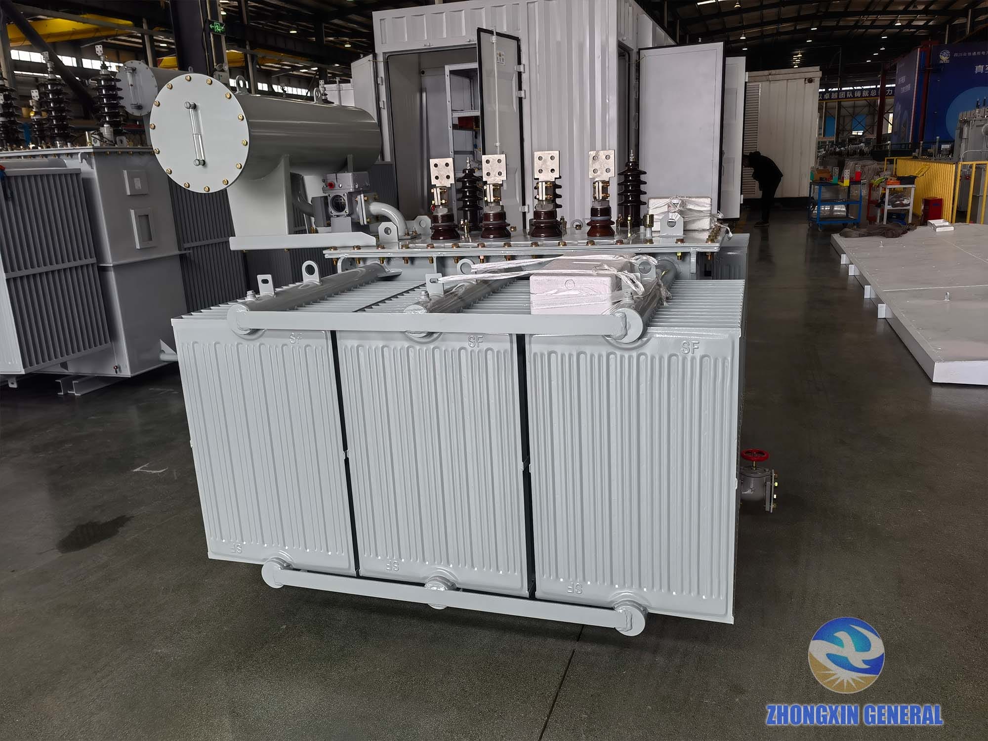 2000 kVA oil-immersed transformer elevated side angle view — complete unit Zhongxin General factory