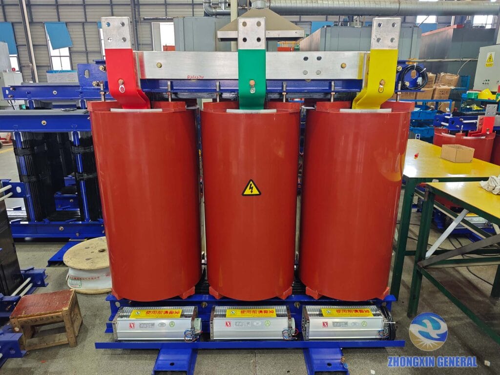 Low-voltage terminal close-up of 2500 kVA dry-type transformer — 400V LV busbar 3608A rated current Zhongxin General