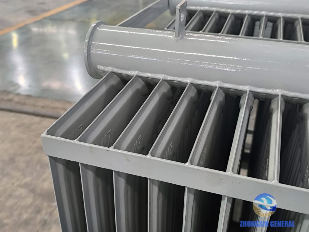 Corrugated cooling fins close-up on 2500 kVA oil-immersed transformer — ONAN natural convection cooling Zhongxin General